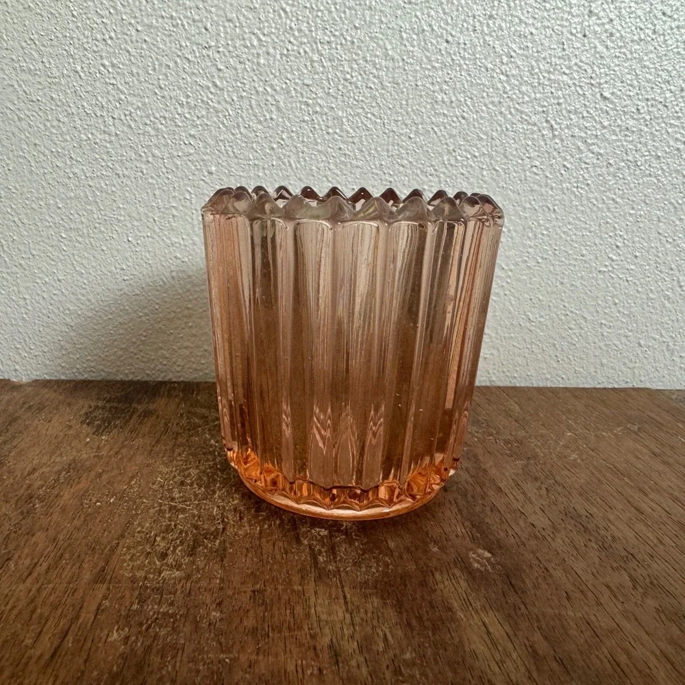 Vintage Clear Pink Ribbed Tea Light Candle Holder Q-Tip Holder Vanity‎ Organizer